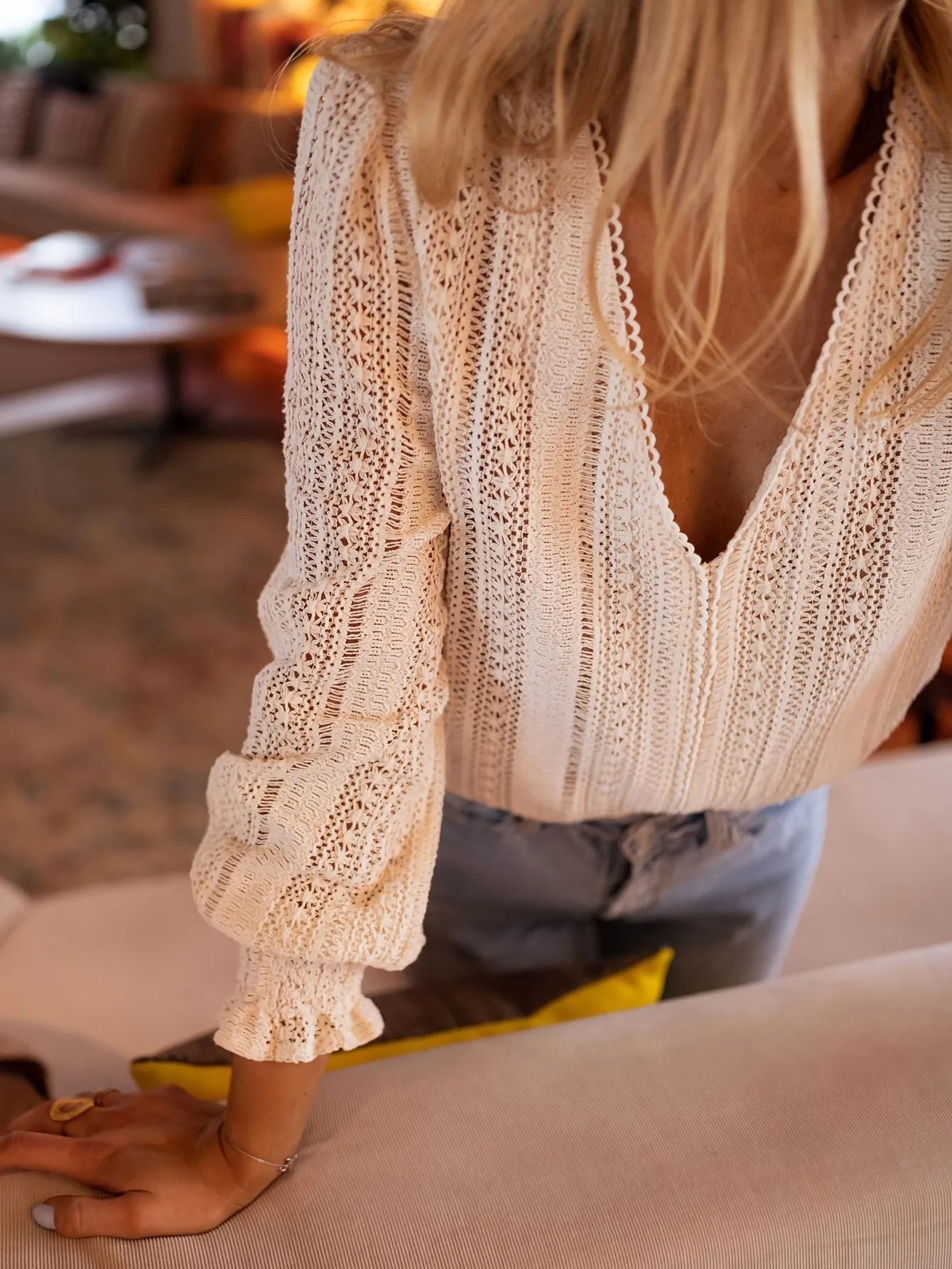 New V-neck Solid Color Long Sleeve Top