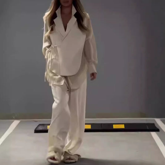 Chiffon Patchwork Top Straight-leg Pants Suit